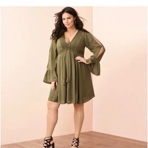 TORRID Mini Gauze Lace-Up Boho Cut Out Bell Sleeve Skater Dress Olive Green 1 1X